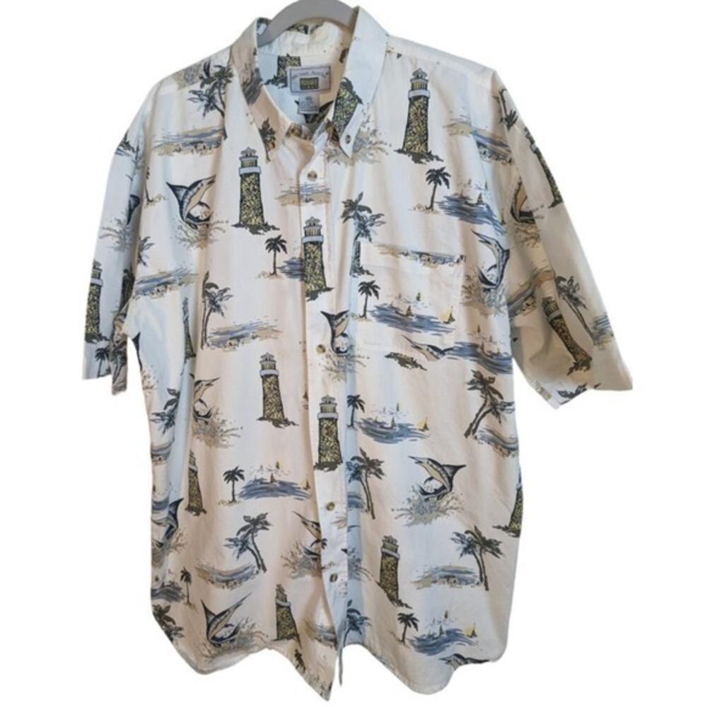 Michael Austin Rugged Wear Mens XXL Coastal Lighthouse Marlin Cotton Shirt White